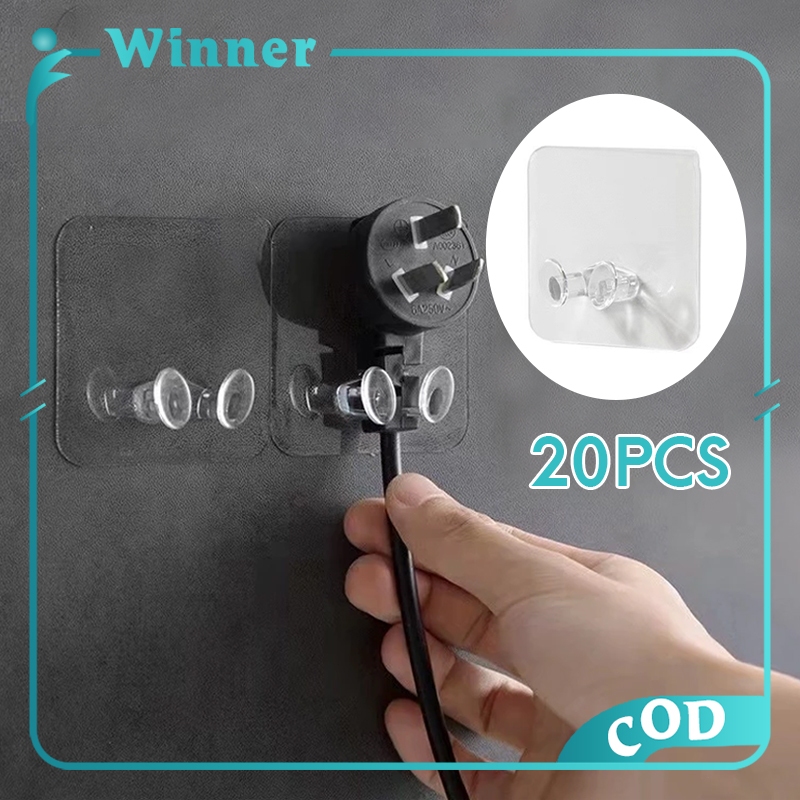 20Pcs Wall Sticky Hook Multi-Functional Power Plug Hook Transparent ...