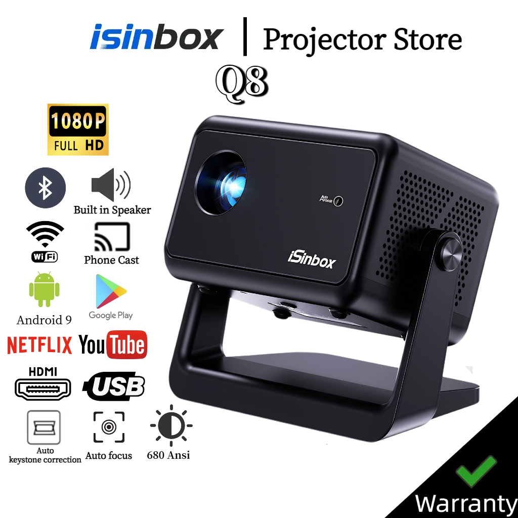 ISINBOX Q8 Smart Projector Wifi 6 Bluetooth Projector Android 9 1080P ...