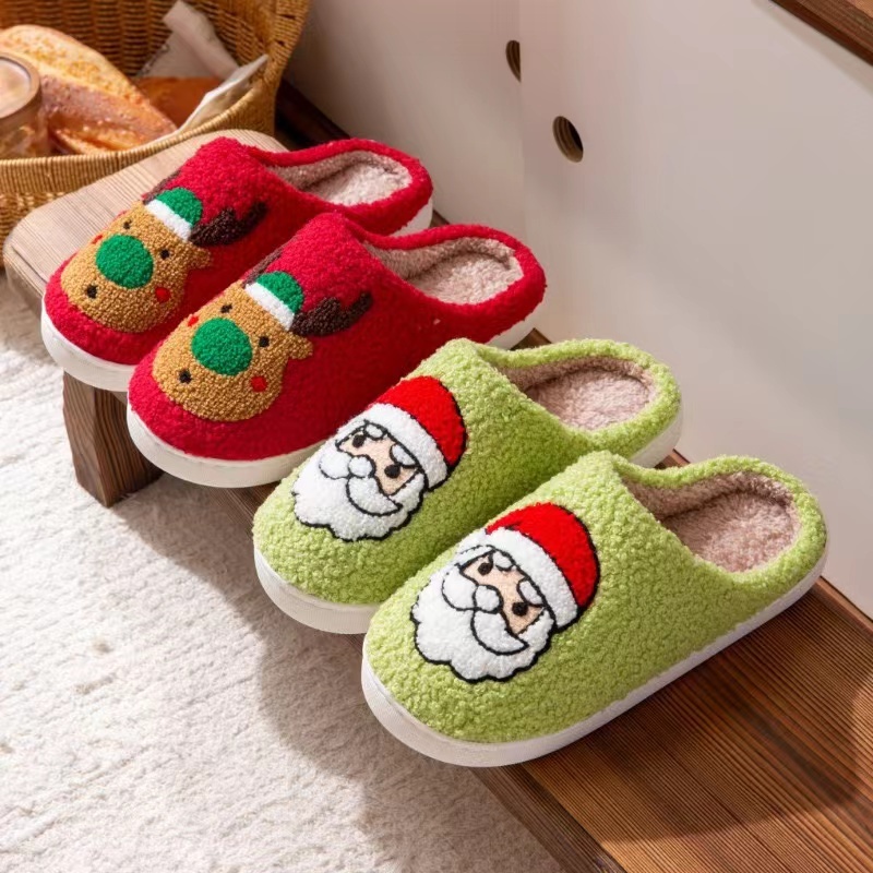 Comfy Home Family Christmas Plush Couple Slippers Furry Santa  Reindeer Slippers Xmas Gift
