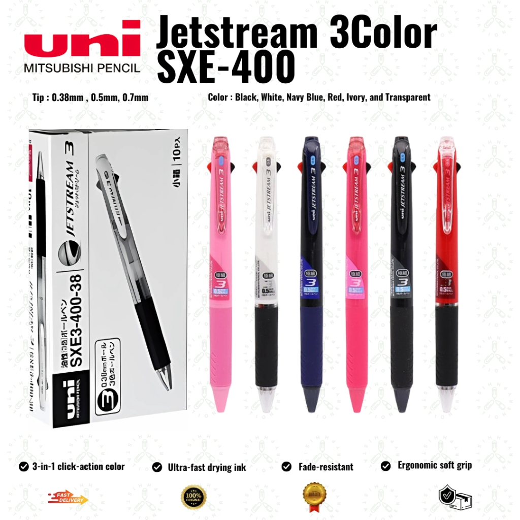 Jetstream 3 Uni Multi Ink Pen – Retractable Ballpoint (0.38mm / 0.5mm ...