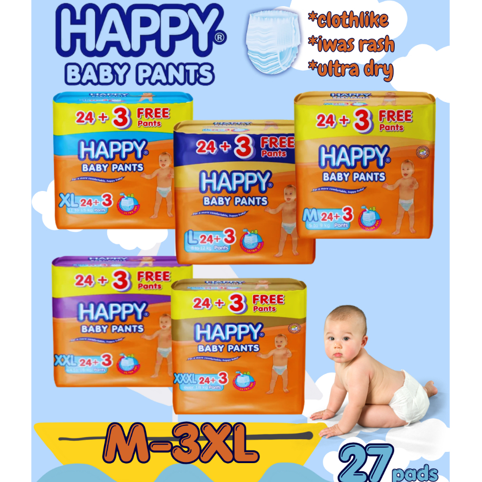 HAPPY BABY PANTS DIAPER x24+3free pads MEDIUM XXXL) Shopee