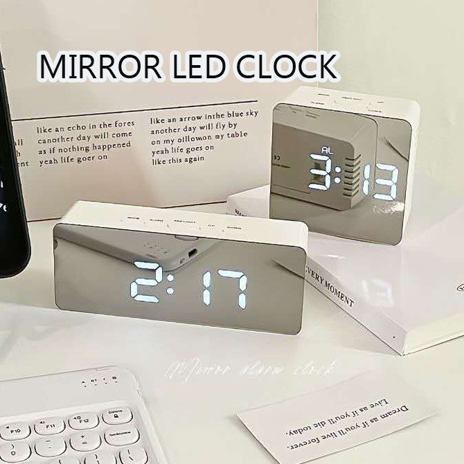 LED Mirror Clock Digital Alarm Snooze Display Time Desktop Electronic ...