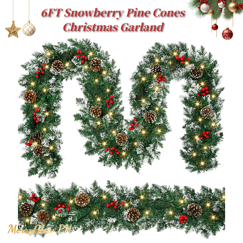 6/9FT Christmas Garland Lush Branches Artificial Berries Pine Cones ...