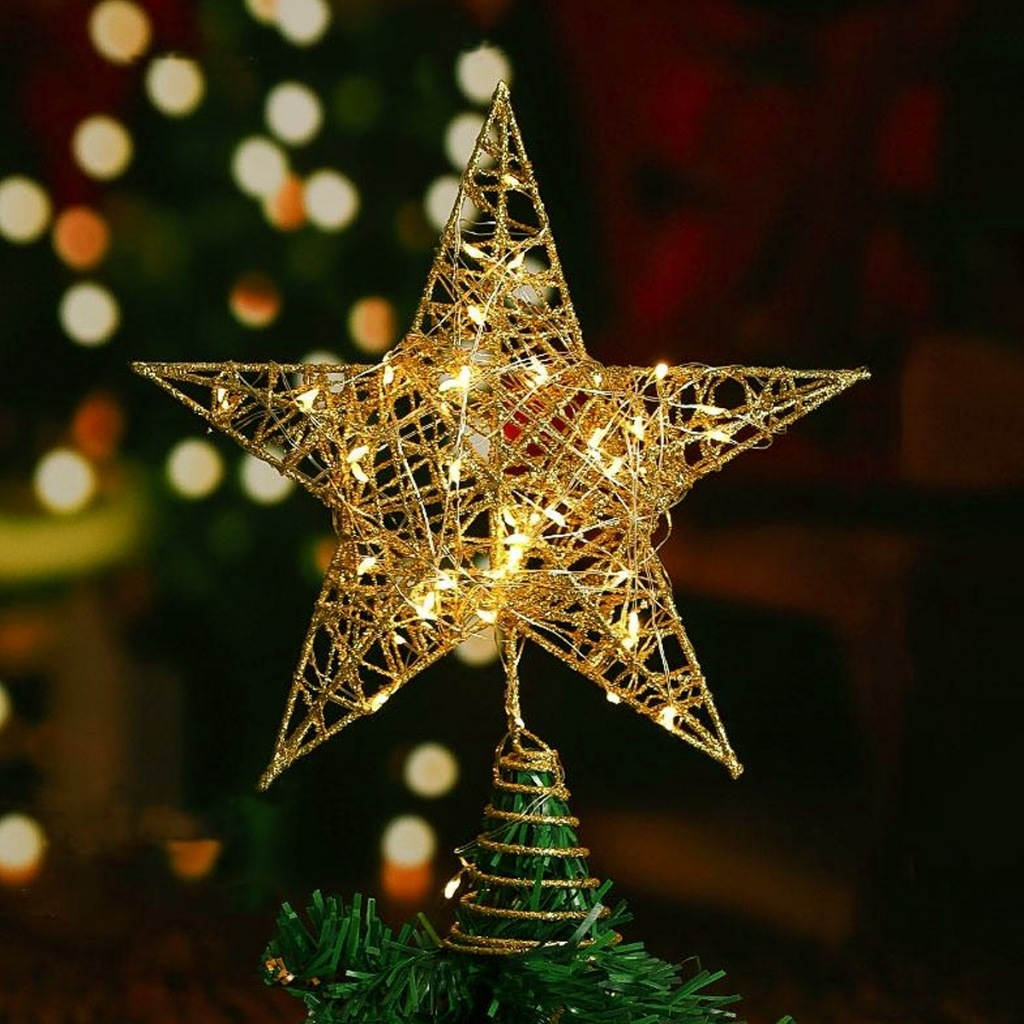 7.9in Christmas Tree Toppers Xmas Glitter Gold Star with Led Light ...