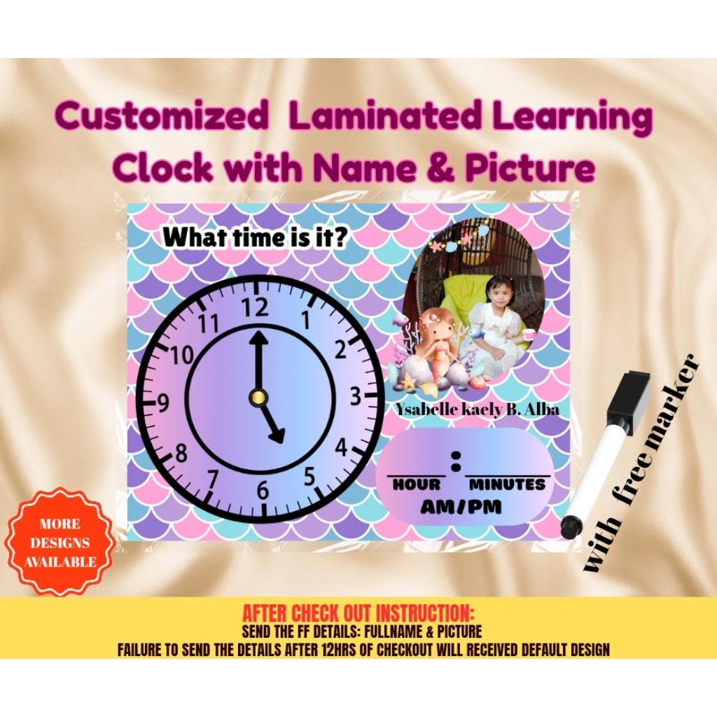 telling time learning clock laminated with name and picture | Shopee ...