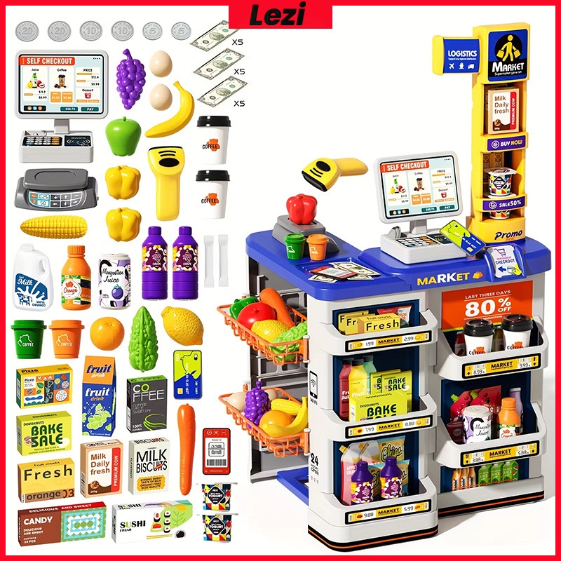 Supermarket Cash Register Toy Set Shopping Cart Mini Mart Accessories ...
