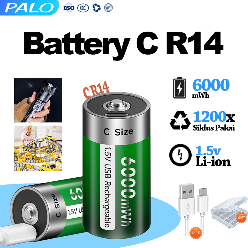 PALO 1.5V C Size Rechargeable Battery Type C USB Charging R14 LR14 Li ...