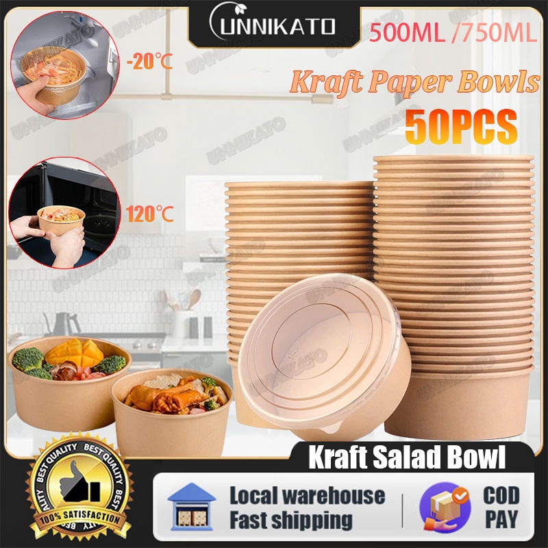 50 Pcs Kraft Salad Bowl Round Disposable Kraft Paper Bowl With Plastic ...