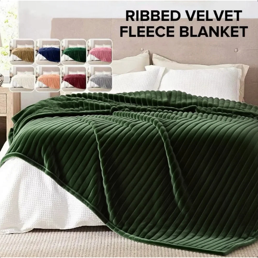 JS Fluffy Blanket Striped Soft Microfiber Rib Blanket Plain Color ...