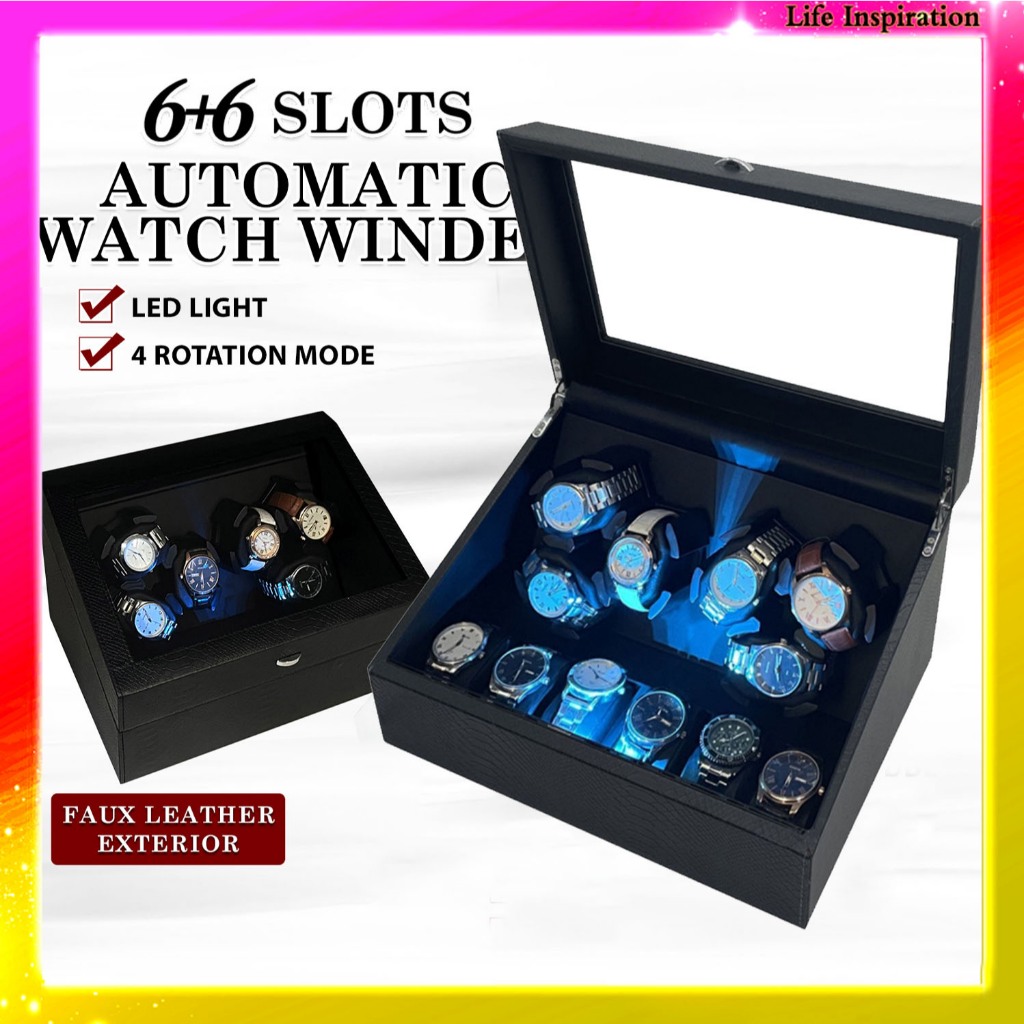 6+6 Slot Automatic Watch Winder Leather Storage with Additional Storage ...