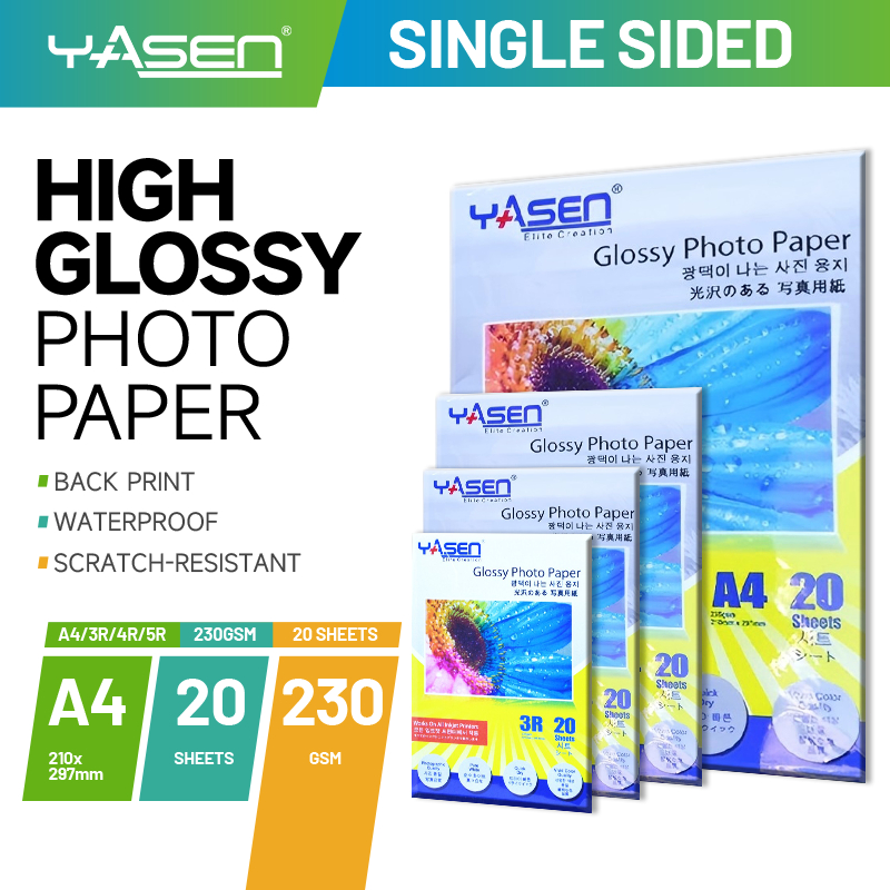 Yasen High Glossy Photo Paper A4 5R 4R 3R 230GSM - 20 Sheets Studio ...