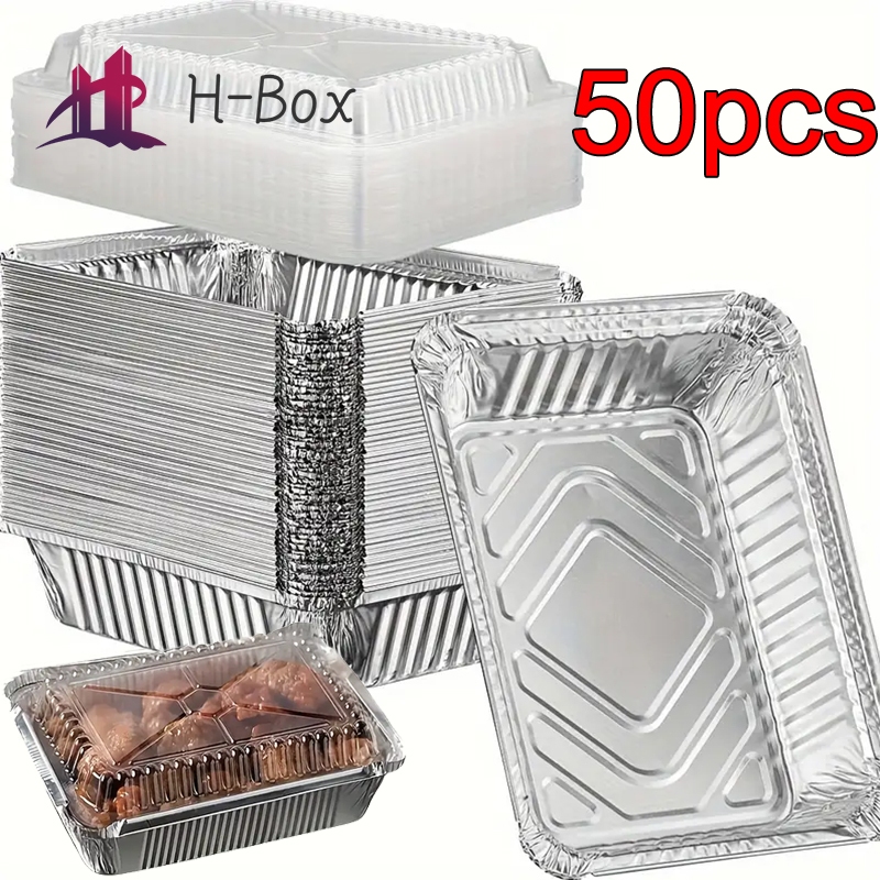 50pcs丨Disposable Tin Foil Box Plastic Cover Rectangular Food Packaging ...