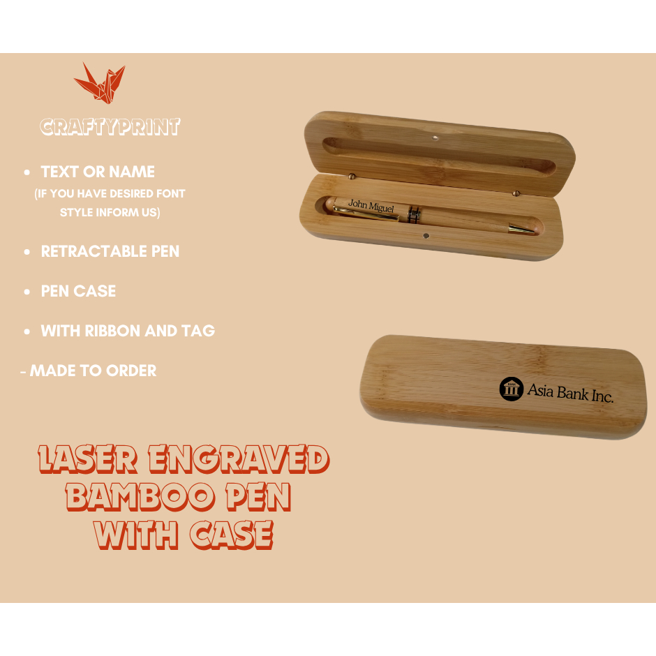 Laser Engraved Bamboo Pen with case with Ribbon and Tag | Shopee ...