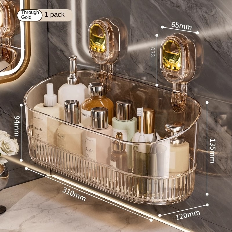 Suction Cup Storage Rack Punchfree Transparent Gold Bathroom Drain Rack ...