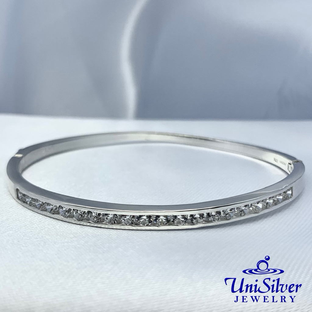 Unisilver 925 Sterling Silver Half Eternity CZ Hinged Bangle Lady's ...