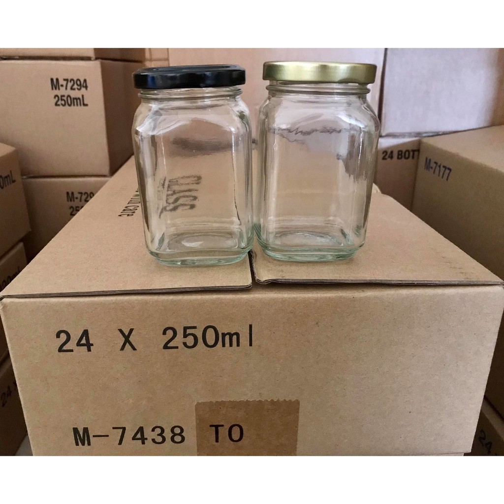24pcs-M7438 250ml Food Grade Square Glass Jar with FREE PLASTIC SEALS ...