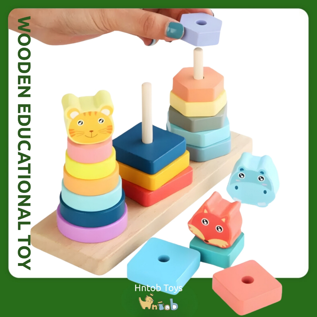 Hntob 3 in 1 Wooden Colorful Animal Tower Set of Pillars Toy ...