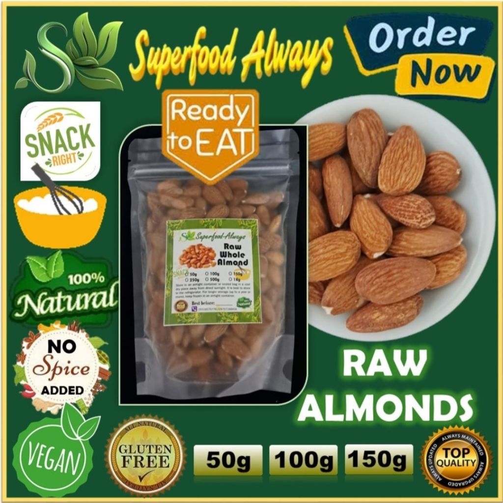 Raw Whole Almonds Ready To Eat, No Oil, Unsalted (50g, 100g, 150g) by ...