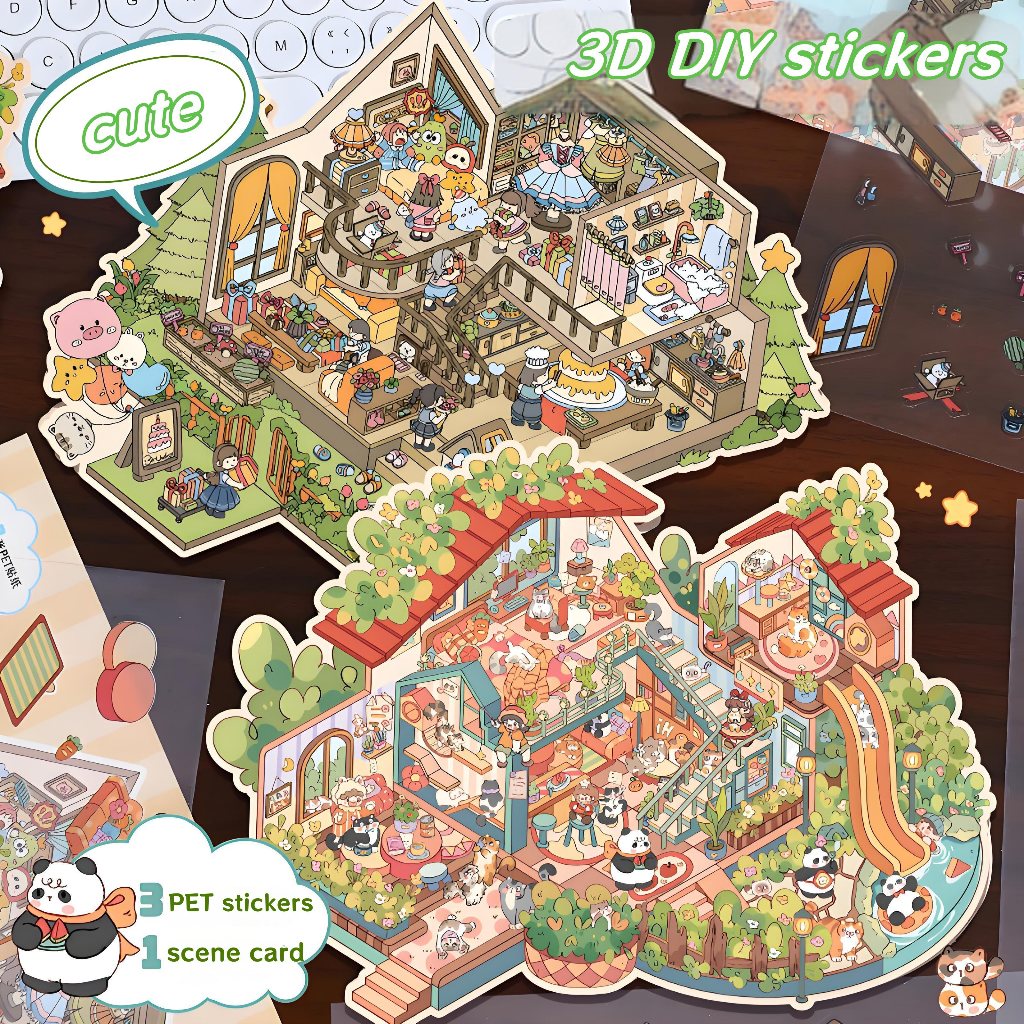 Cute Large Size 3D Miniature Scene Landscape Stickers Creative Villa ...