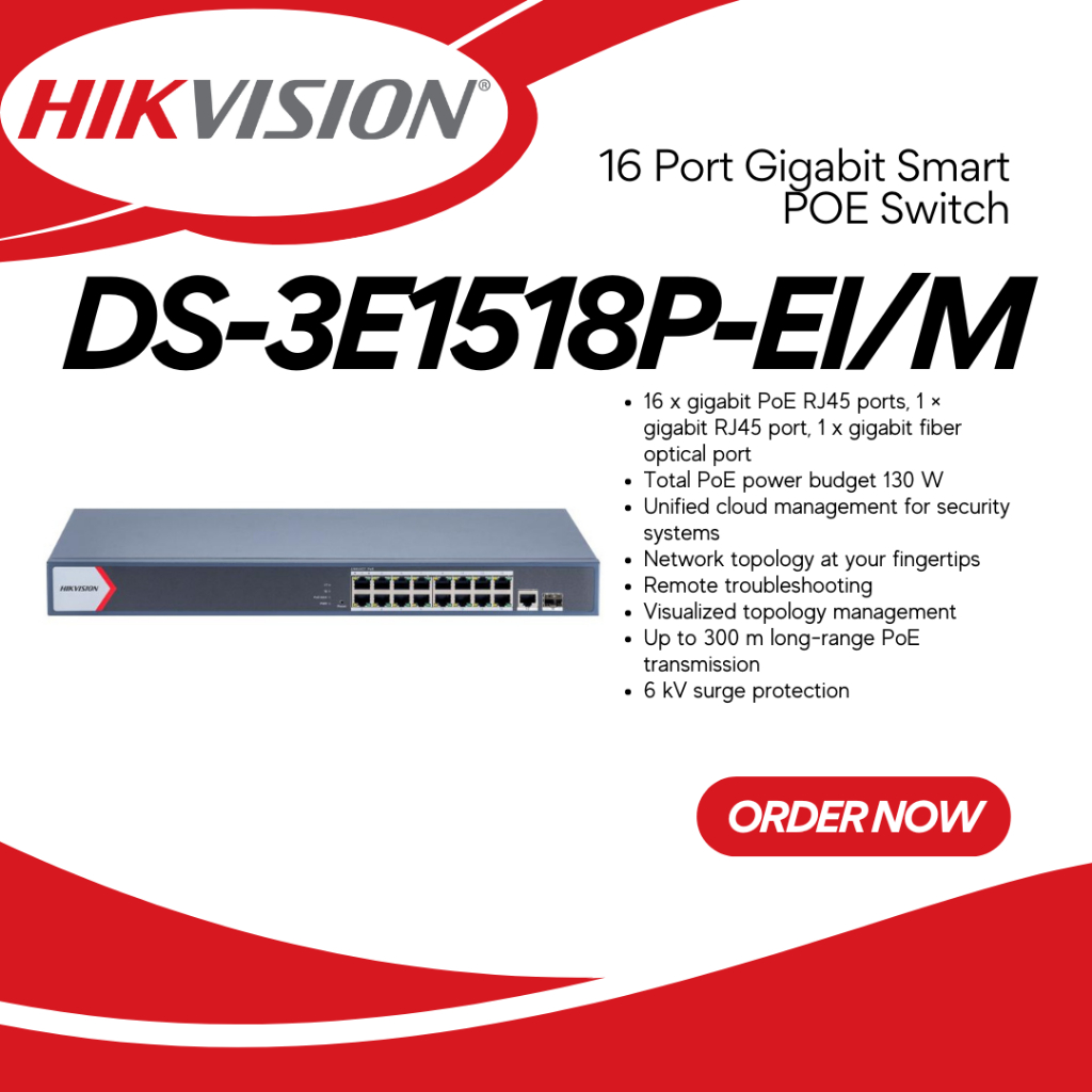 HIKVISION (DS-3E1518P-EI/M) 16-Port Gigabit Smart PoE Switch with 1 ...