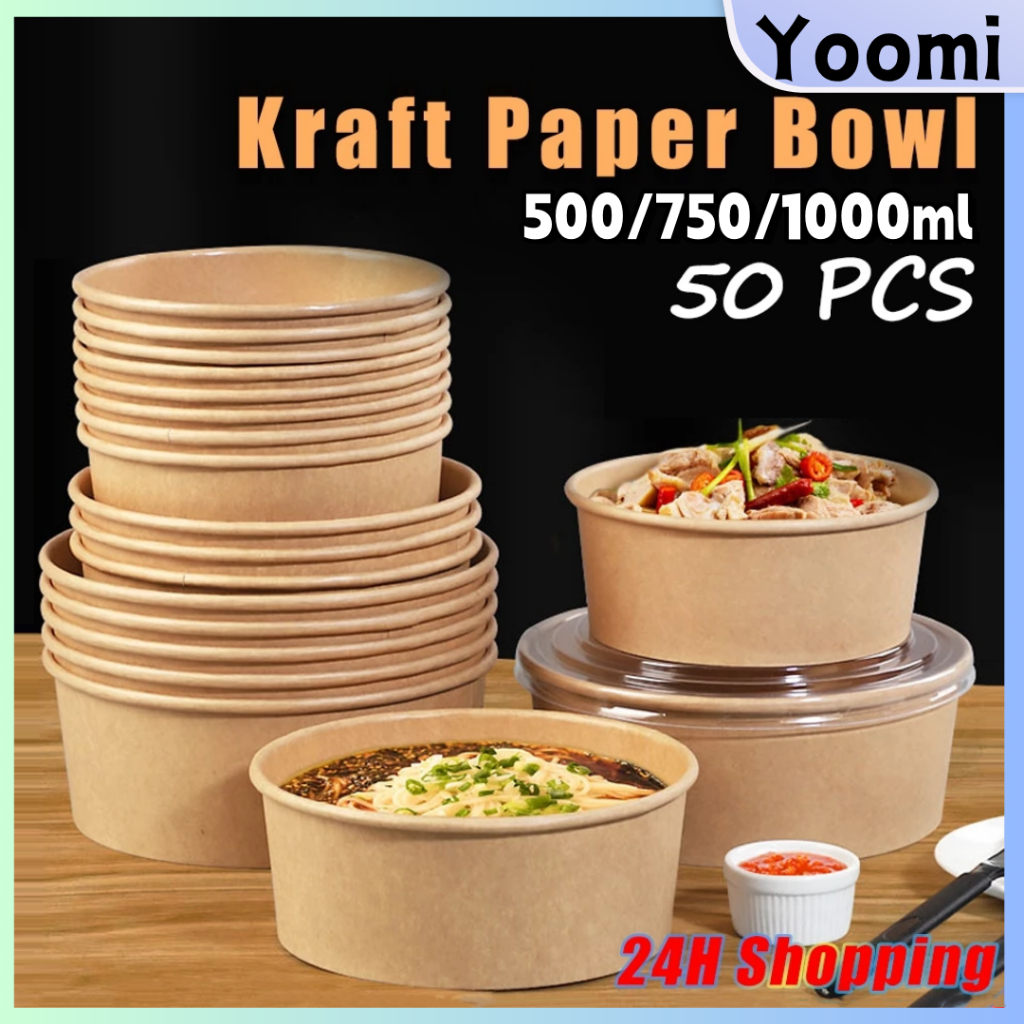 50pcs Salad Bowl Round Disposable Kraft Paper Bowls with Clear Lid ...