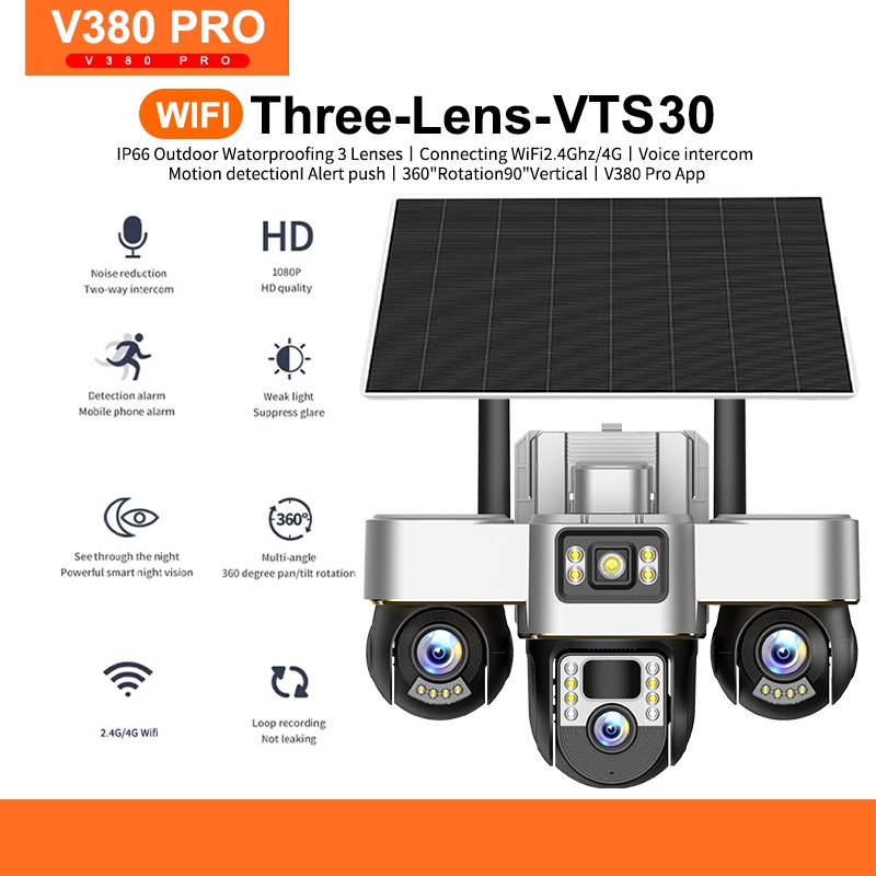 V380 Pro Three Screen CCTV Solar Outdoor IP66 Waterproof VTS30 Wireless ...
