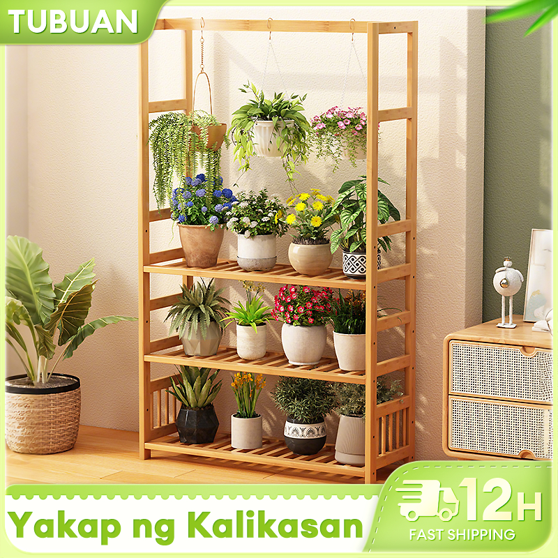 TUBUAN Bamboo Storage Rack Wooden Shelves Organizer Plant Rack Outdoors ...