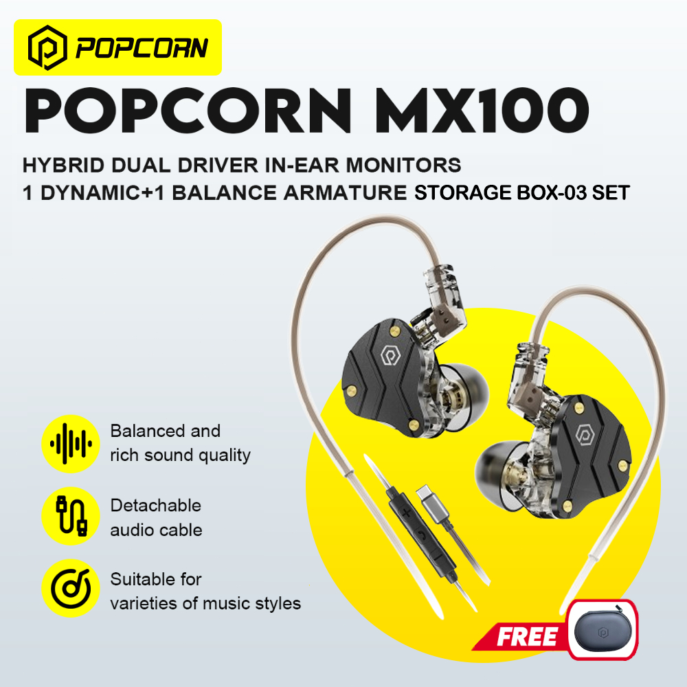 Popcorn MX100 Dual Hybrid Driver In-Ear Monitor Detachable Headset ...