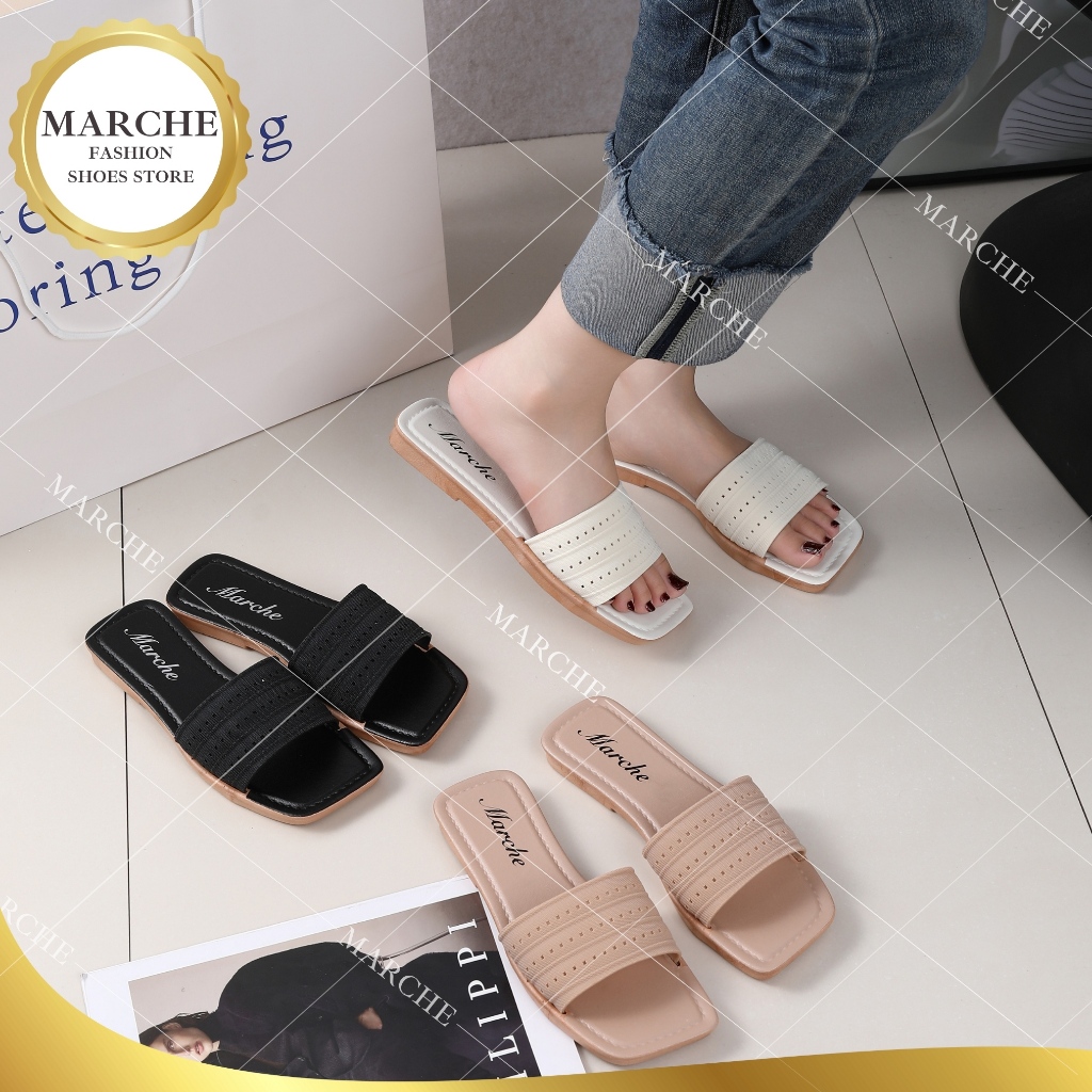 Marche Women's Summer Flat Slippers Soft Rubber Comfortable Square Toe ...