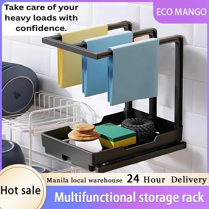 Wall-mounted kitchen rag rack multi-function drain storage rack towel ...