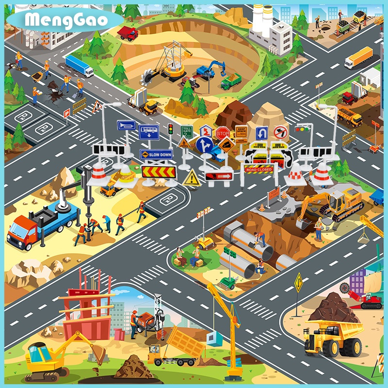 Toy Vehicles with Game Mat City Road Buildings Mat Road Sign PARKING ...