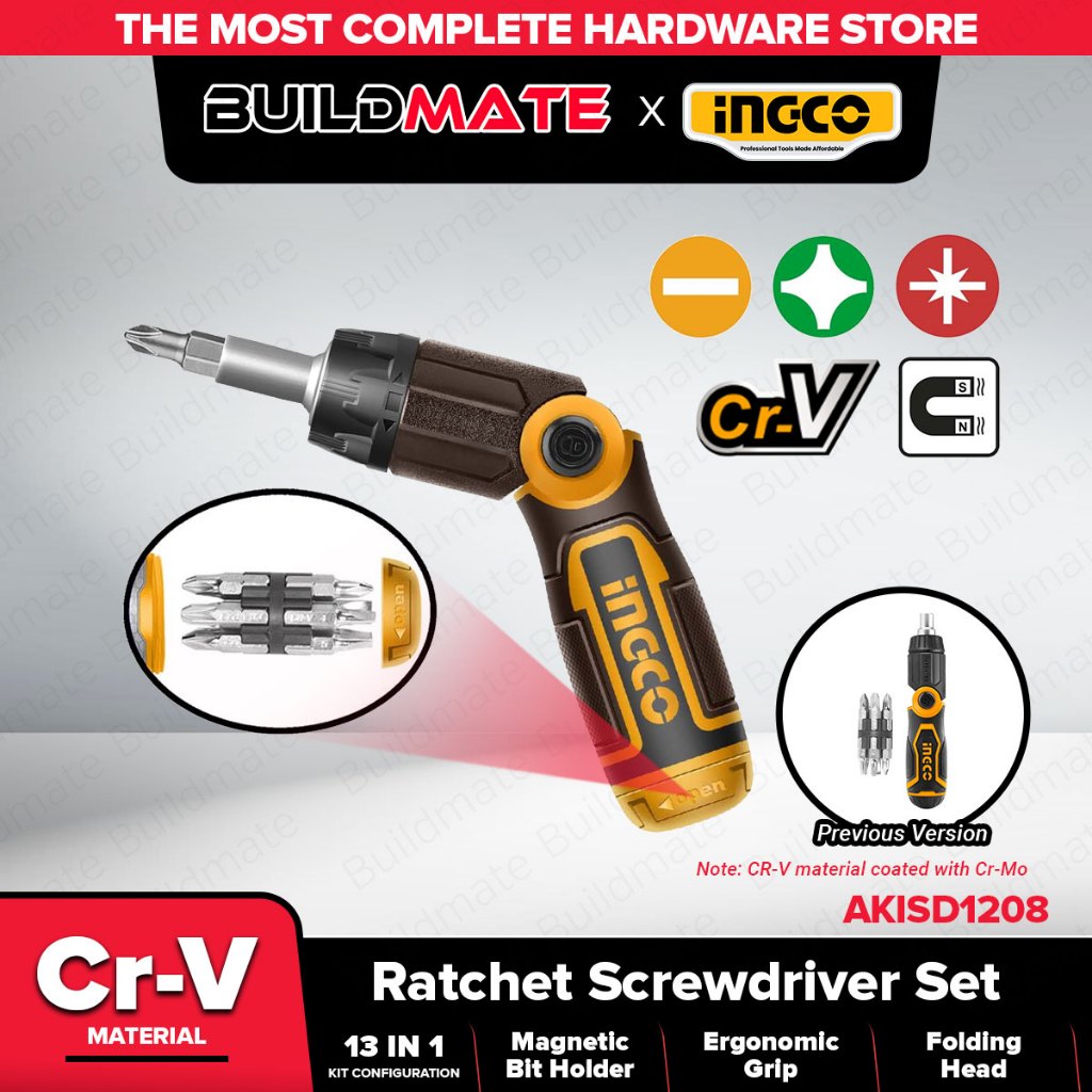 Buildmate x INGCO 13in1 Ratchet Screwdriver Set Cr-V Multi Bit ...