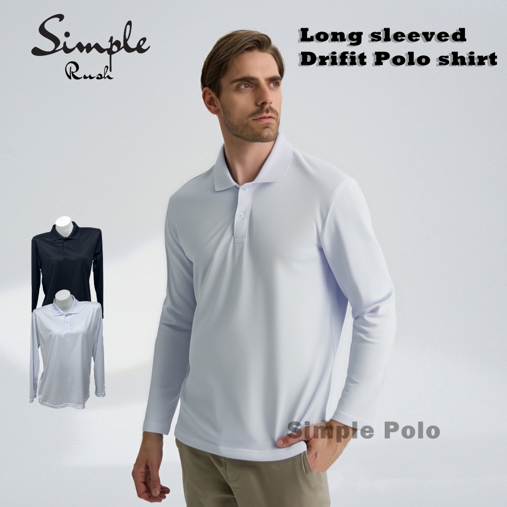 Simple Rush Long Sleeve Dri Fit Polo Shirt White Black Unisex Plain Top ...