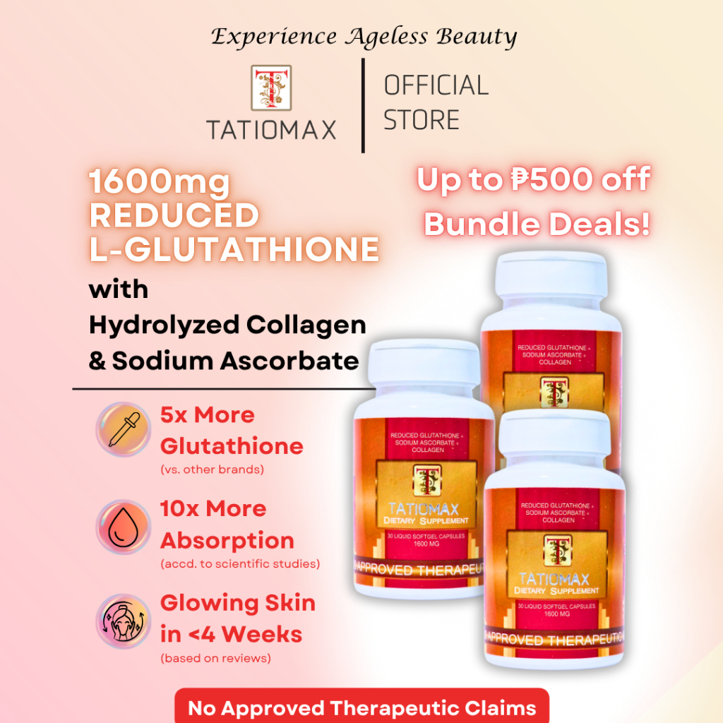 TATIOMAX Reduced Glutathione Collagen Vitamin C 1600mg (90 Whitening  Softgel Capsules / 3 Bottles)