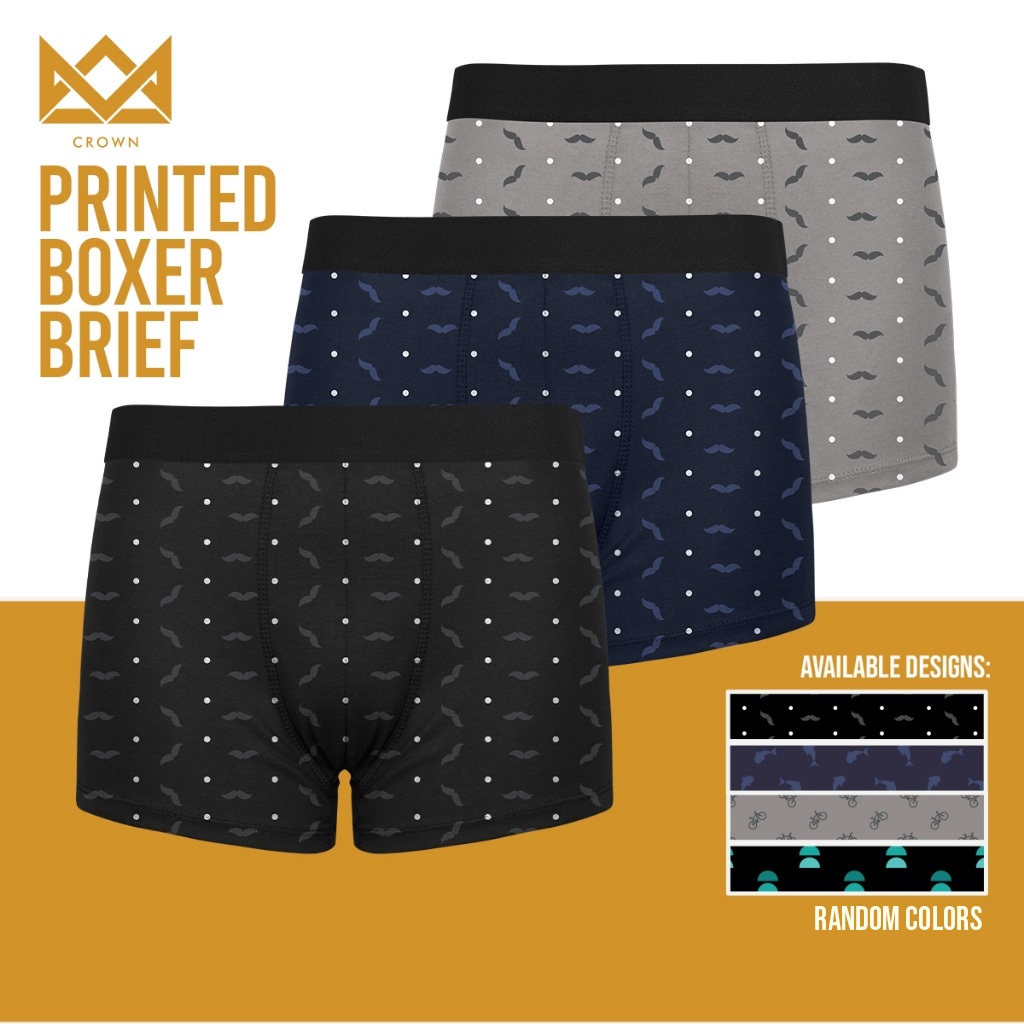 Crown Mens Printed Boxer Brief Set of 3 Random Colors Garterized Design ...