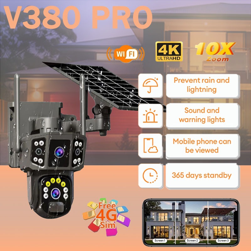 Three Lens V380 Solar CCTV No Wifi Needed 10MP Outdoor Free 4G SIM Card ...