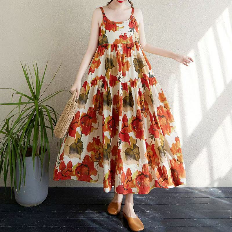 Plus Size Floral Suspender Dress Retro Vacation Long Dress Elegant Style  Mid-length Dress L4010 | Shopee Philippines