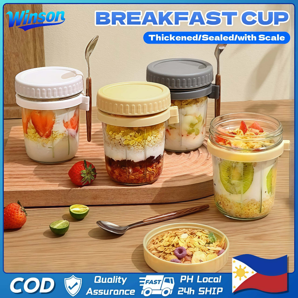350ML Overnight Oats Jars with Spoon Reusable Glass Airtight Oatmeal ...