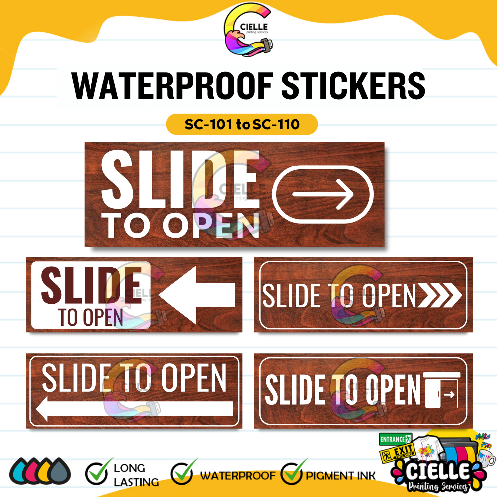 WATERPROOF STICKER SIGNAGES (SC-101 to SC-110) – SLIDE TO OPEN Sliding ...