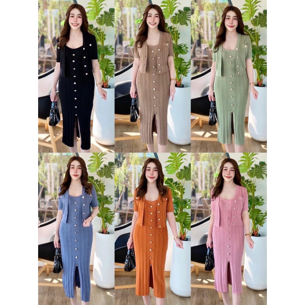 Knitted Buttons Front Slit Dress & Fake Side Pocket Button Down Crop ...