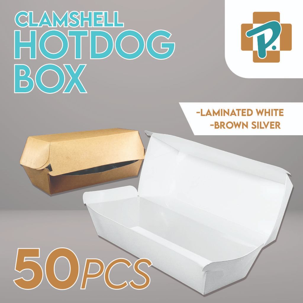 [50 PCS] Clamshell Hotdog Box 320cc Laminated White/Brown Silver ...