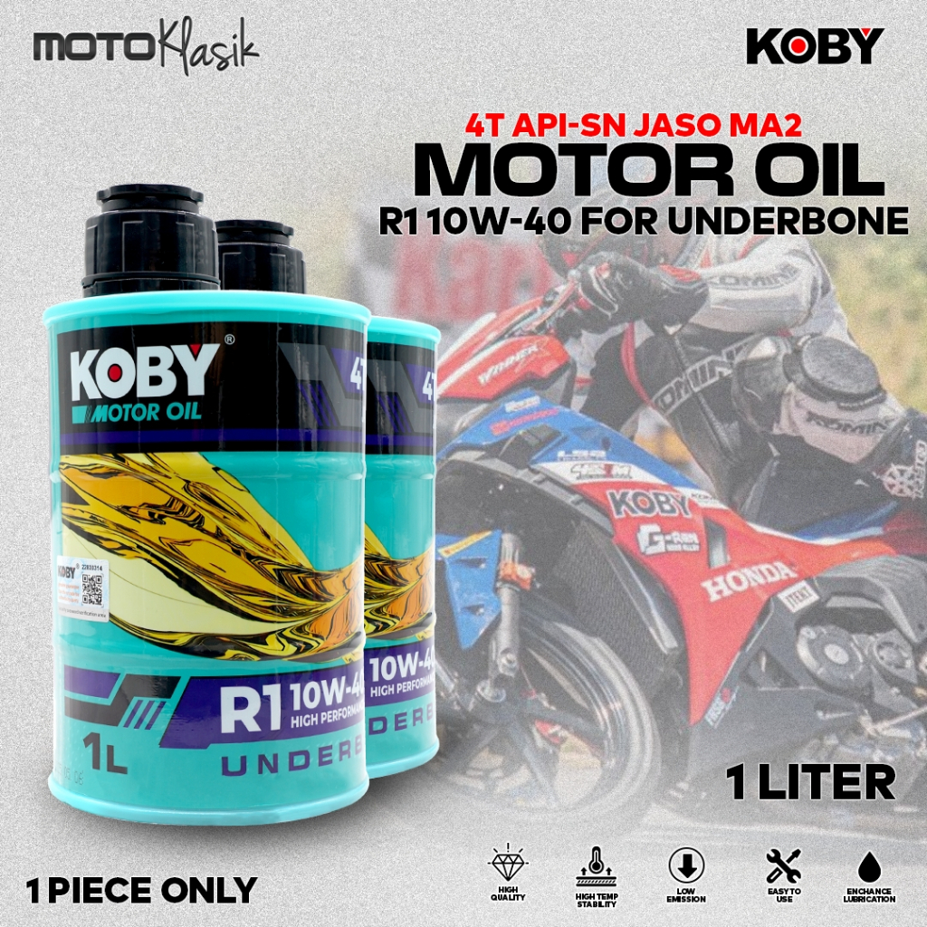 KOBY MOTOR OIL R1 10W-40 UNDERBONE 1LITER 4T API-SN JASO MA2 ENGINE OIL ...