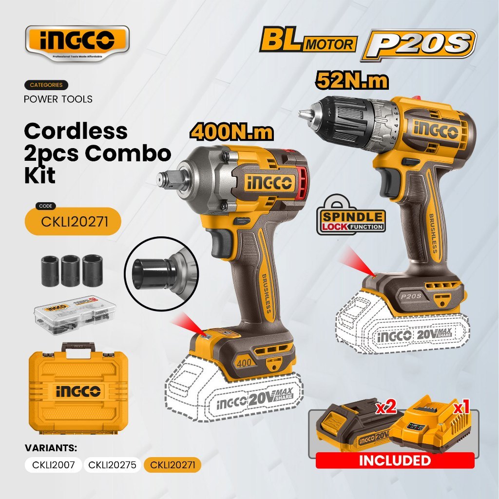Ingco 2pcs 20V Cordless Combo Kit Lithium-Ion Impact Wrench & Cordless ...