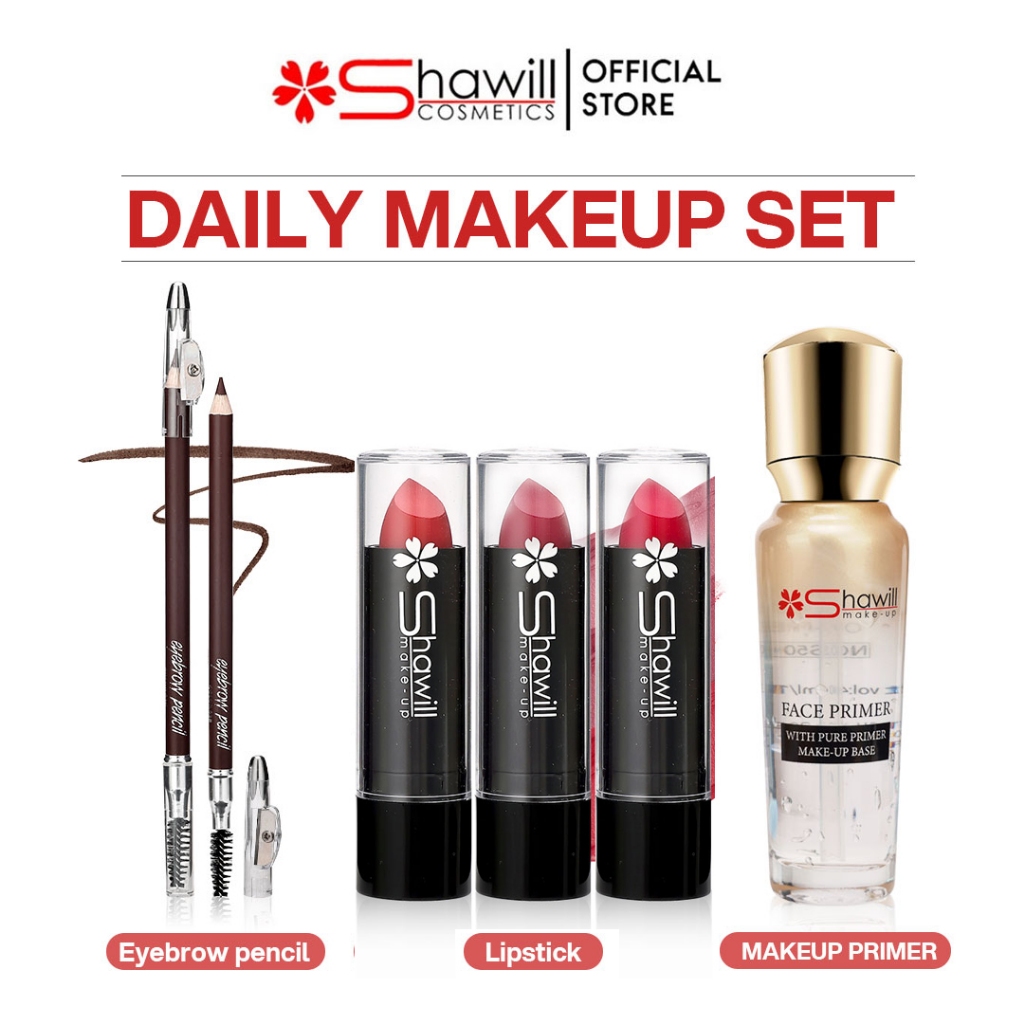 Shawill Primer + 3pcs Matte Lipstick + Eyebrow Pencil Makeup Set Long ...