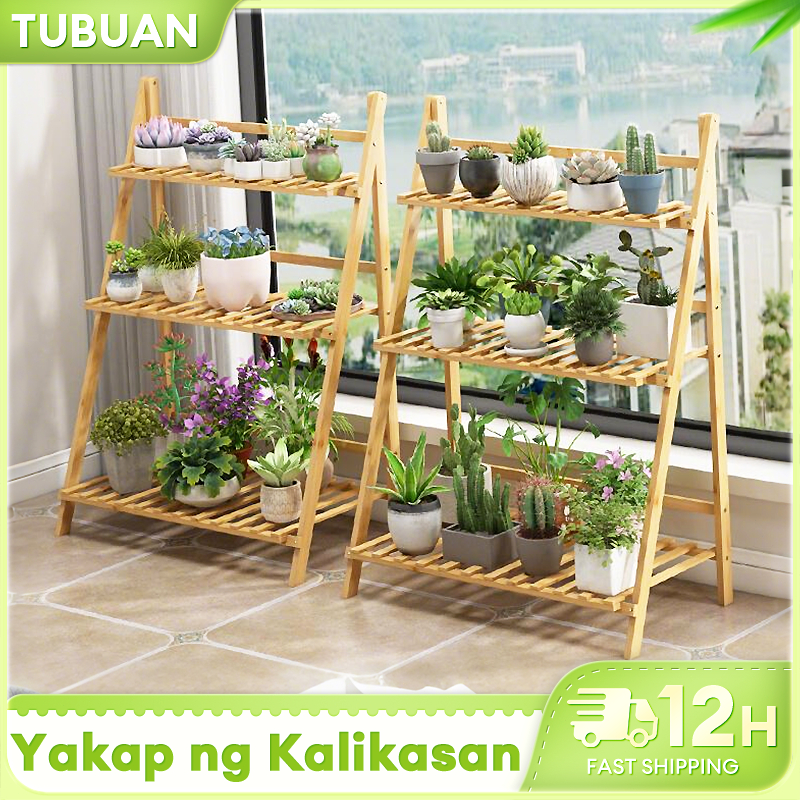 Bamboo Storage Balcony Floor Rack Folding Flower Pot Stand Plants Shelf ...
