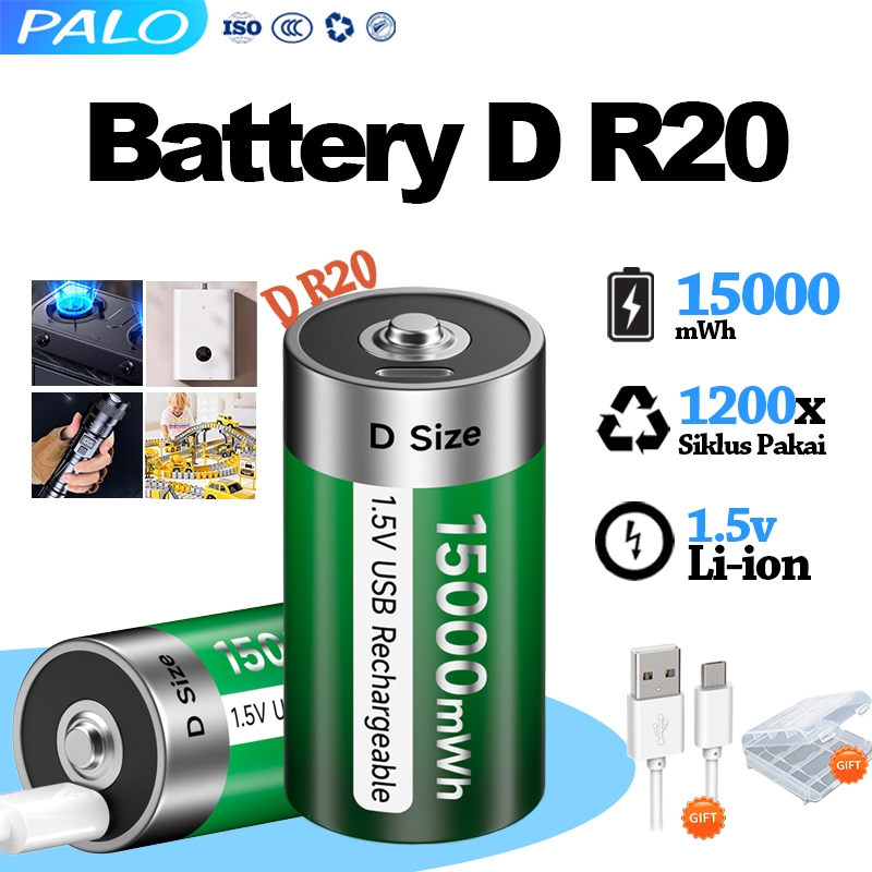 PALO 1.5V Type D Rechargeable Battery Type-C USB Rechargeable D R20 ...