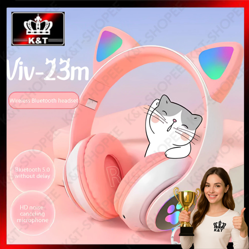 Viv-23M Cat Ear Wireless Headphone Over-Ear Earphone Bluetooth Headset with  RGB Earbuds P47m