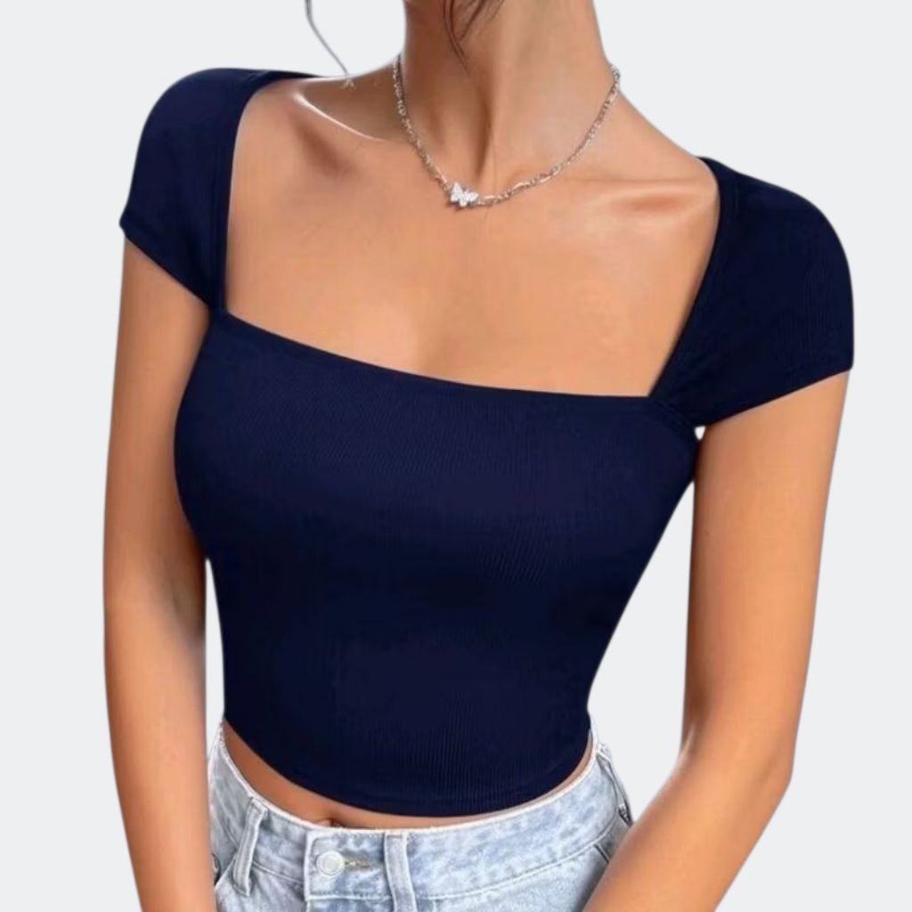 Women Round Neck Navy Blue Crop Top main image 1