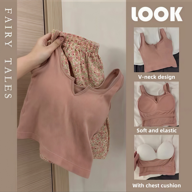 FJOY Korean-style fashion vest Two-piece Floral Elastic Waist Pajama ...