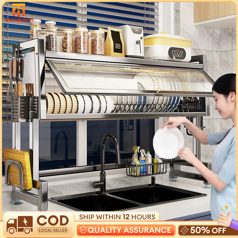 [Stainless Steel Dish Rack] Over-The-Sink Dish Rack With Cover Multi ...